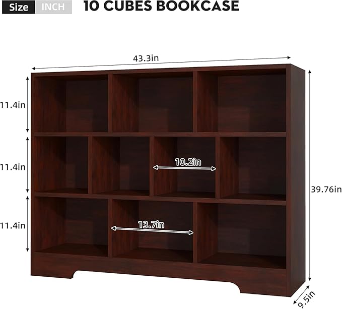 Kids Book Shelf Set of 2, 10 Cubes Storage Organizer Montessori Bookshelf, 3-Tier Wooden Kids Bookcase, Toy Storage Organizer for Children, Cherry Toddler Bookshelf Cube Shelf for Kid’s Room