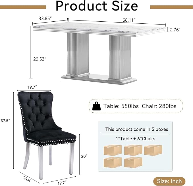 68" Faux Marble Dining Table Set for 6, 7-Piece Dining Set with White Silver Kitchen Table and 6 Velvet Tufted Chairs, Modern Rectangular Dining Room Tables with Column-Shape Stainless Steel Base
