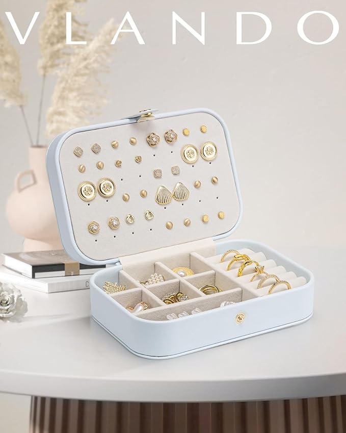Vlando Travel Jewelry Case, PU Leather Travel Jewelry Box with Earring Holder, Portable Display Mini Jewelry Case for Mothers Day Women Girls Gift - Blue