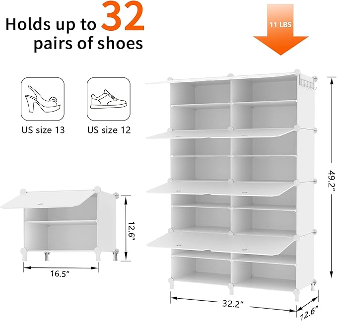 AWTATOS Shoe Rack, 8 Tier Shoe Storage Cabinet with Door, 32 Pair Shoe Organizer Shelves for Closet Hallway Bedroom Entryway, White
