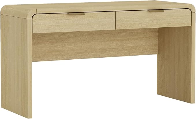 Manhattan Comfort Grace 54" Modern Home Office Desk with Drawers, Metal Handles, and Ample Workspace, Stylish Wood Table for Writing, Vanity, Work or Study, Natural Oak & Gold