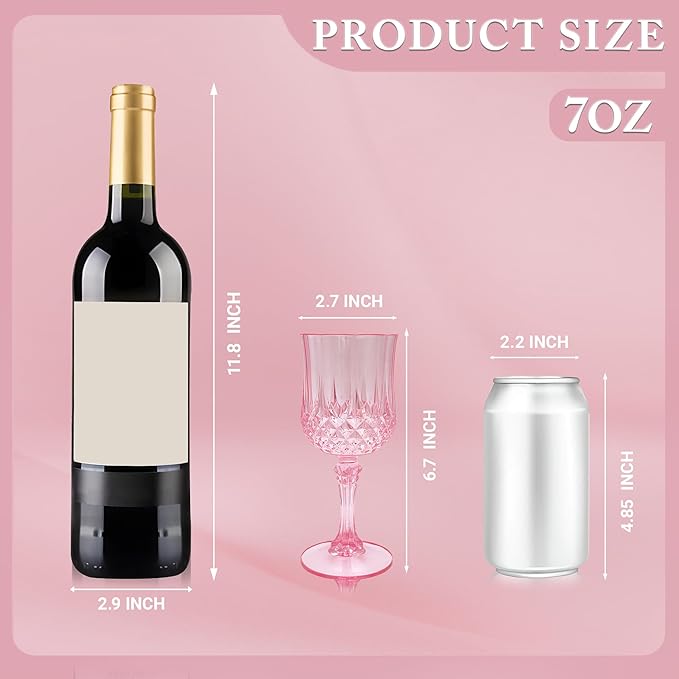 Plastic Wine Glasses，Plastic Goblets Vintage Style Cordial Drinking Glasses for Wedding Reception, Grand Event Party Supplies (24, Pink)