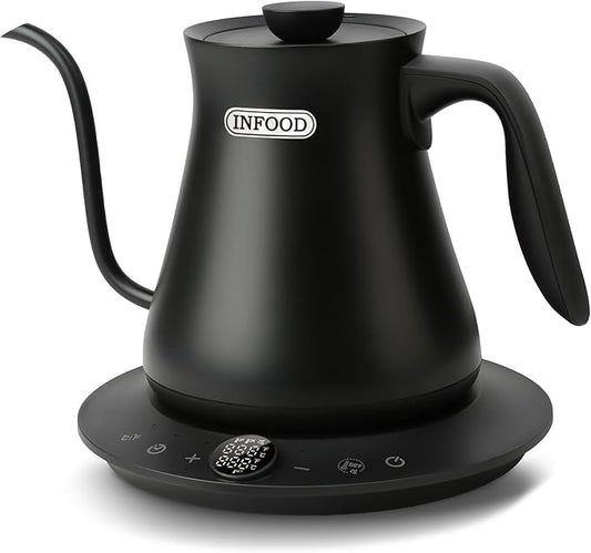 INFOOD 0.8L Gooseneck Electric Kettle, Precise Temperature Control for Pour Over Coffee & Tea, 1200W Fast Boiling Water, Auto Shut Off, Scheduling, Stainless Steel, Black
