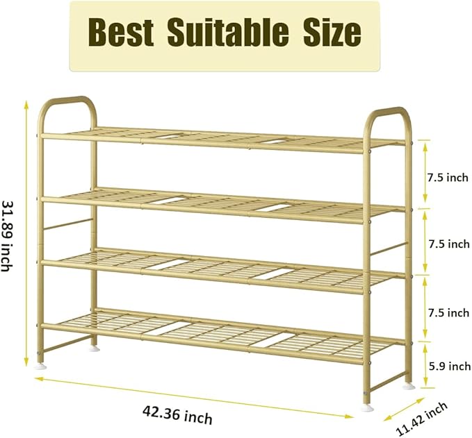 LINZINAR Shoe Rack 4 Tier Storage Organizer for Closet Entryway Metal Gold