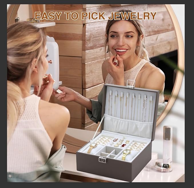 Jewelry Organizer Box for Girls Women,Large Genuine Leather Jewelry Organizers and Storage with Earring Holder Organizer Removable Velvet Jewelry Tray,Christmas Gifts for Mom,Grey