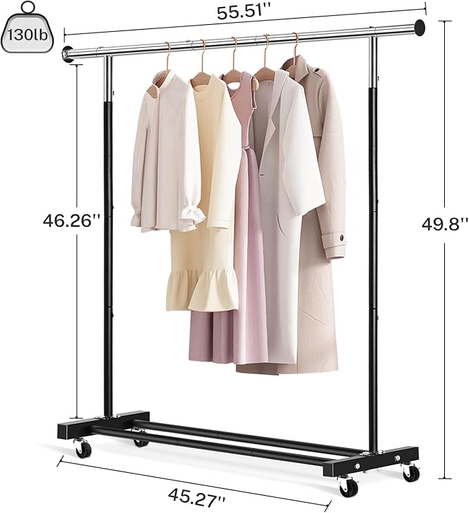 Clothing Rack, 55.51 Inch Heavy Duty Clothes Rack Rolling Garment Rack with Wheels and Bottom Shelf, 130LB Capacity Clothes Racks for Hanging Clothes, Coats, Shirts, Sweaters, Skirts, Black