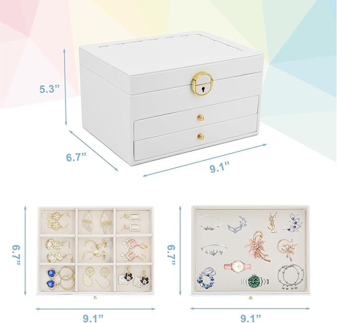 KOOAAICCHI Jewelry Box for Women, 3-Layer Jewelry Organizer, Jewelry Storage Case PU Leather for Earrings, Bracelets, Ring, Necklaces-White