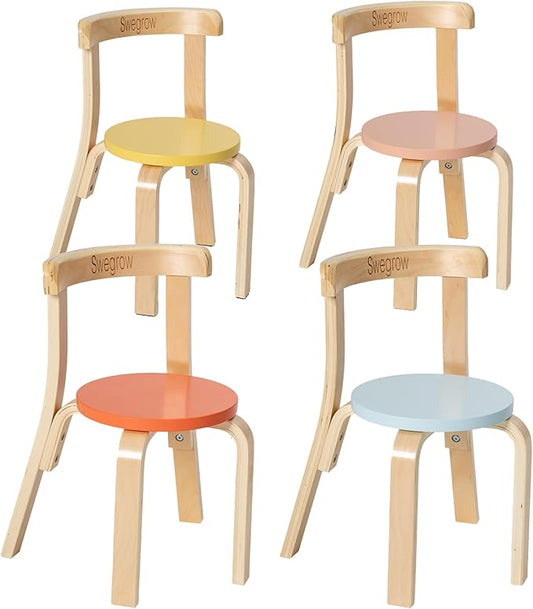 Swegrow Wooden Kids Chair, Toddler Chair for Table, Kids Stackable Chairs, Kid Wooden Furniture for Family/Playroom/Classroom（Set of 4-Color）