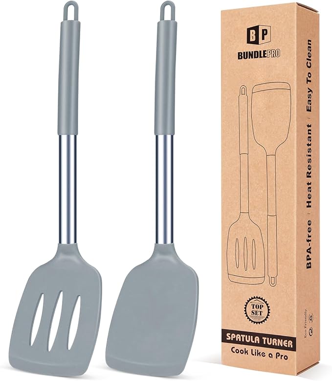 Pack of 2 Silicone Solid Turner, Non Stick Slotted Kitchen Spatulas, High Heat Resistant BPA Free Cooking Utensils, Ideal Cookware for Fish, Eggs, Pancakes(Gray)