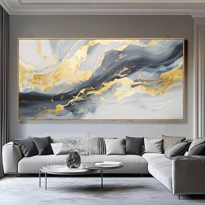 SDYA Large Abstract Canvas Wall Art Gold Decoration Blue Painting for Living Room Bedroom Kitchen Home Office 29x58 Inch