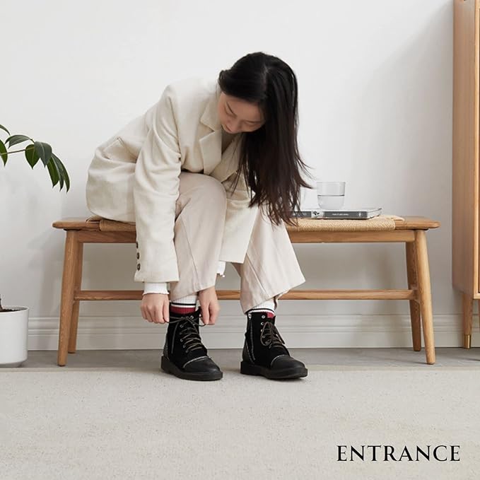 31.5'' Woven Dining Beach with 100% Solid Oak Wood Bench Frame, Hand Knitted Rope Designed Bed End Shoe Bench for Kitchen Bedroom Entryway, Beige