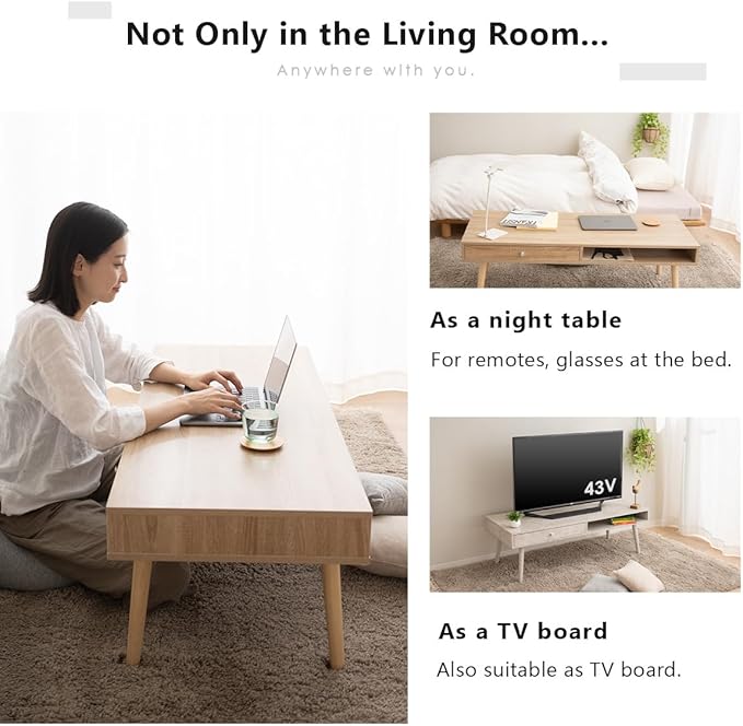 EMOOR Wooden Small Coffee Table with Storage Rectangle Large (47.2"x19.7") Rustic Brown, Floor Sitting Low Table Small Space Minimalist Japanese Tatami Room