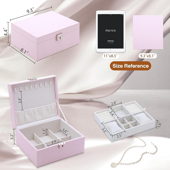 Jewelry Organizer Box for Girls Women,Large Genuine Leather Jewelry Organizers and Storage with Earring Holder Organizer Removable Velvet Jewelry Tray,Christmas Gifts Jewelry Box for Girls 8-12,Pink