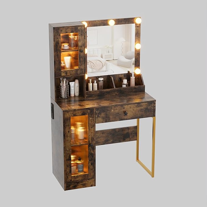 Vanity Desk with Mirror and Lights, Makeup Dressing Table w/Adjustable Bulbs, Outlets & USB Ports, Sturdy MDF Top & Metal Leg, Smart Storage Drawers & Cabinets for Bedroom
