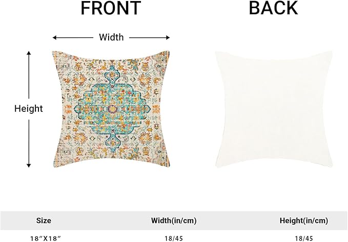Boho Pillow Covers 18x18 Set of 2, Carpet Pattern Teal Yellow Decorative Throw Pillows Farmhouse Bohemian Cushion Pillow Covers for Sofa Couch Outdoor Decor
