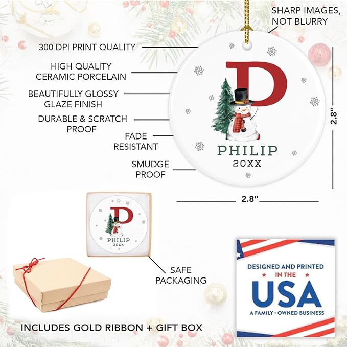 Andaz Press Personalized Ornament, Custom Name, Initial P Monogram Snowman 2.8" Ceramic Porcelain 2025 Christmas Ornament Keepsake for Kids, Boys, Girls, Includes Gold Ribbon & Gift Box, 1-Pack