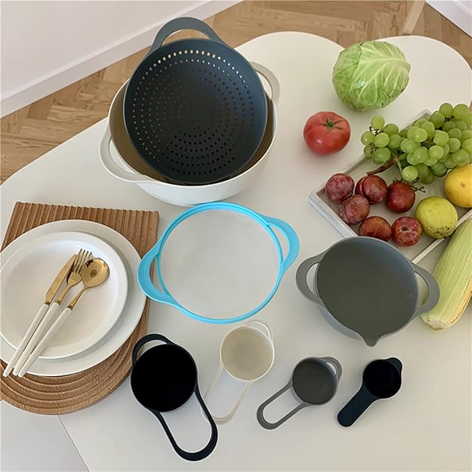 Plastic Nesting Bowls Set with 2 Mixing bowls,Colanders,4 Measuring Cups,Sifter for Baking,Food Prep,RV Camping Accessories,8 Pieces