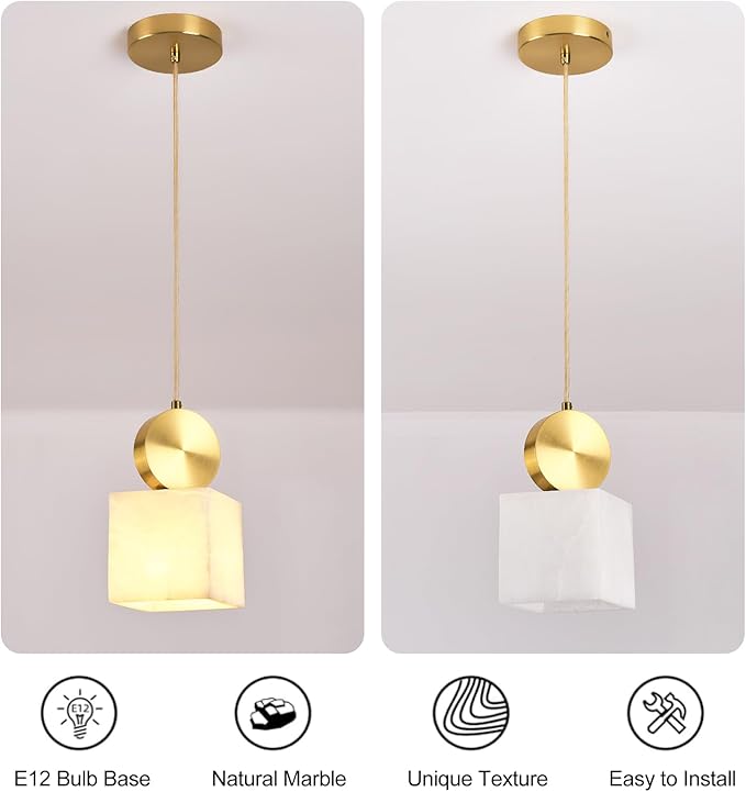 Natural Alabaster Pendant Lights Kitchen Island, White Pendant Light Fixtures, Light Pendan Marble Shade, for Bedroom Bathroom Dining Room Living Room (Bulbs INCL)
