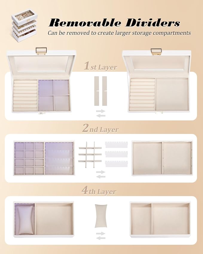 Homde Jewelry Tray Stackable Jewelry Box Drawer Organizer with Glass Lid, Removable Dividers for Vanity Table Gift Idea for Girls and Women (White)