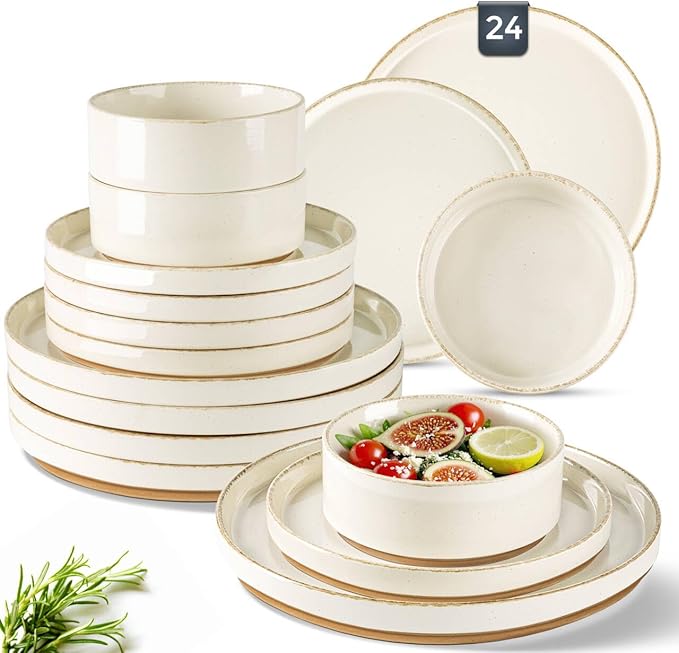 AmorArc Ceramic Dinnerware Sets for 8, 24 Pieces Handpainted Plates and Bowls Set with Rustic Terracotta Underside, Scratch Resistant Stoneware Dishes Set, Dishwasher & Microwave Safe