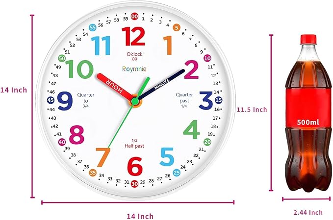 Roymnie14 Inch Wall Clock for Kids Learning to Tell Time Large Analog Silent Battery Operated Teaching Clock Silent Colorful Teaching Time Ideal Gift for Kids Room School(White Grain)