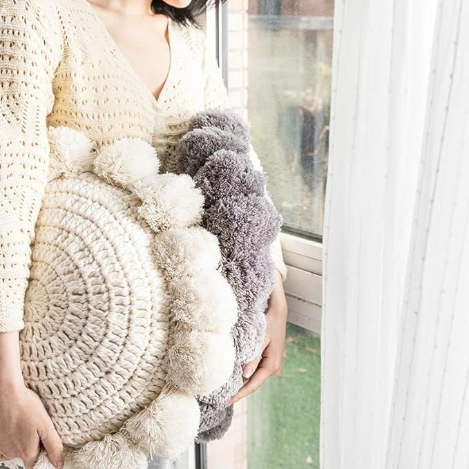Knitted Throw Pillow Round Couch Pillow Sofa Cute Cushion Handmade Pompoms Decorative Plush Pillow (Grey, Diameter 18inches)