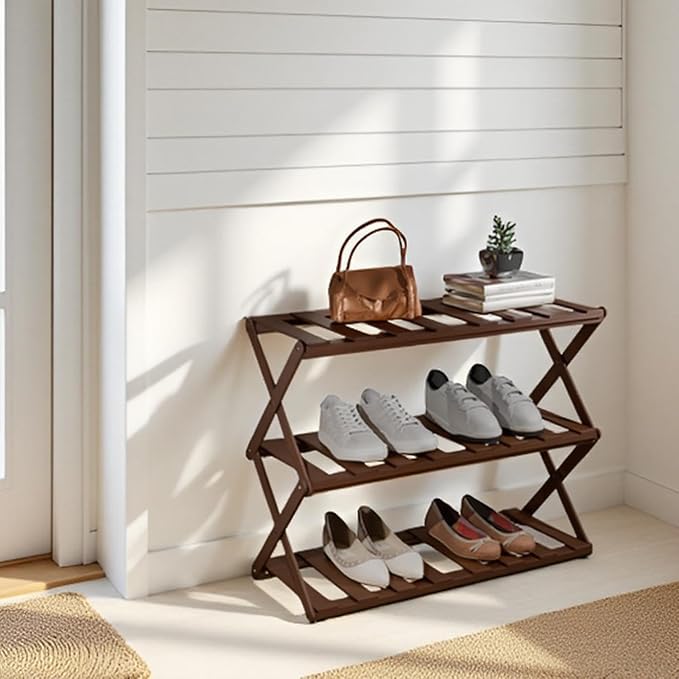 3-Tier Bamboo Shoe Rack, Foldable Shoe Storage Organizer for Closet, Bedroom, Entryway & Living Room - Portable No-Assembly Design, Space-Saving for Shoes & Accessories(3 Tier) (Dark Brown)