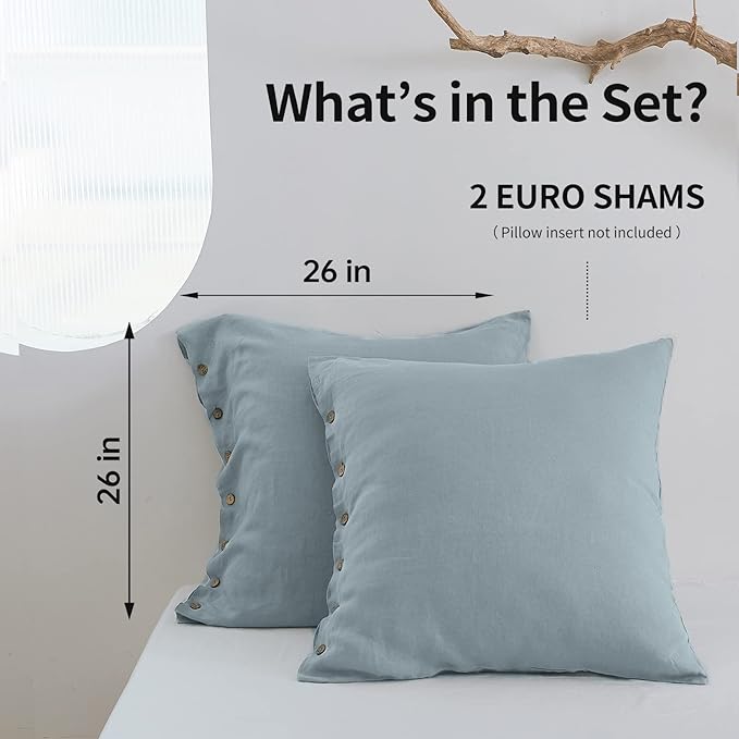Simple&Opulence 100% Washed Linen Euro Sham Cover, 26 x 26 Inch, Decorative Bed Pillow Cover with Coconut Button, Solid Color Pillow Shams Set of 2 (Dusty Blue)