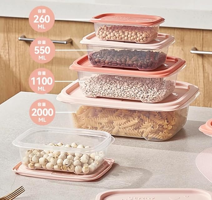Plastic Food Storage Container Set, 4 Containers with Lids, Assorted Colors (RECTANGULAR PINK) The set includes containers of various sizes - 260 ml, 550 ml, 1100 ml, and 2000 ml