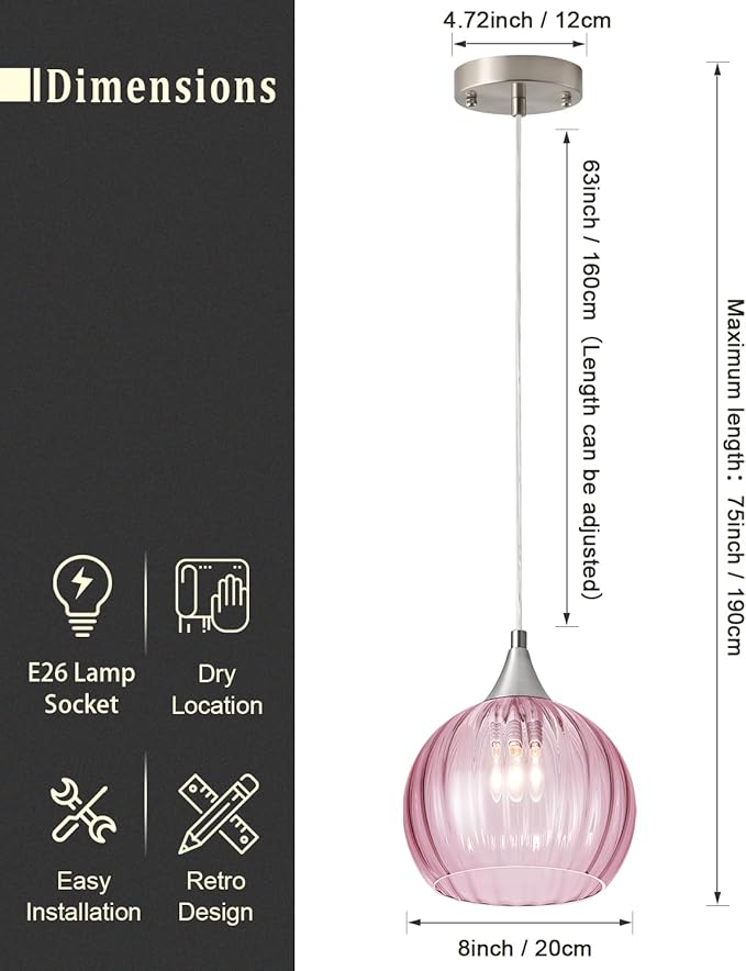 Brushed Nickel Pendant Lights Kitchen Island, Globe Pendant Light Fixtures with 8 Inch Clear Glass Shade, Modern Hanging Light Fixtures for Kitchen, Bedroom (1 Pack - Pink Glass Pendant Light)