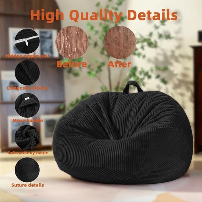 Stuffed Animal Storage Bean Bag Cover (No Filler), Corduroy Kids & Toddler Bean Bag Chair for Teens & Adults, Toy Storage Organizer, Comfy Sofa for Playroom (Onyx Black, Kids (Cover Only）)
