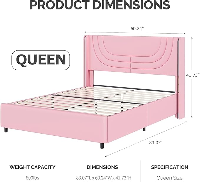 Queen Bed Frame with LED Lights, Faux Leather Upholstered Platform with Silver Wingback Headboard, Wooden Slats Support, No Box Spring Needed, Easy Assembly, Pink