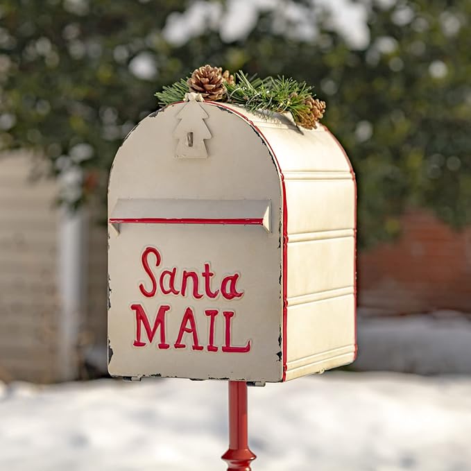 42" Tall Metal Standing Santa's Mail Christmas Mailbox with Light-up LED Wreath (White Top)