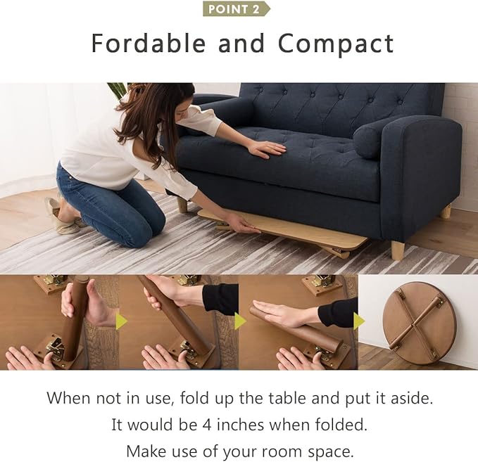 EMOOR Wood Folding Coffee Table Round (25.6") Natural, Floor Sitting Low Table Small Space Minimalist Japanese Tatami Room