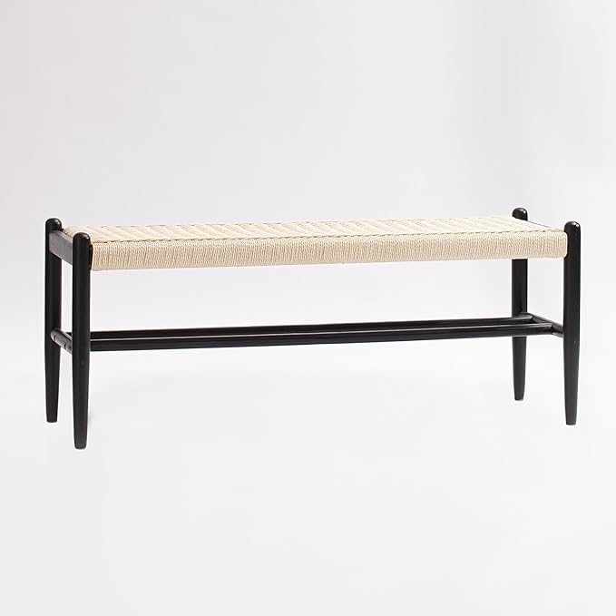 Solid Wood Entryway Bench with Shoe Storage, Rustic Oak Wood and Woven Design 45 Inch Long Seating for Living and Dining Rooms,Black