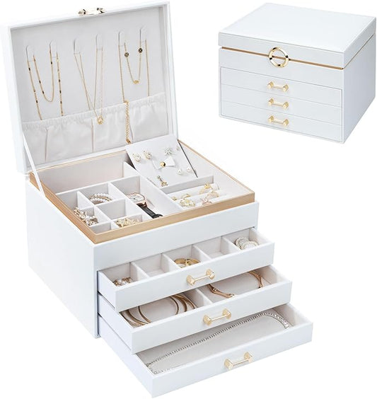 Jewelry Box for Women,4-Layer Leather Jewelry Holder Organizer with 3 Drawers Large Jewelry Storage Boxes, Lots of Storage Space For Ring,Necklace,Bracelets,Earring（White）
