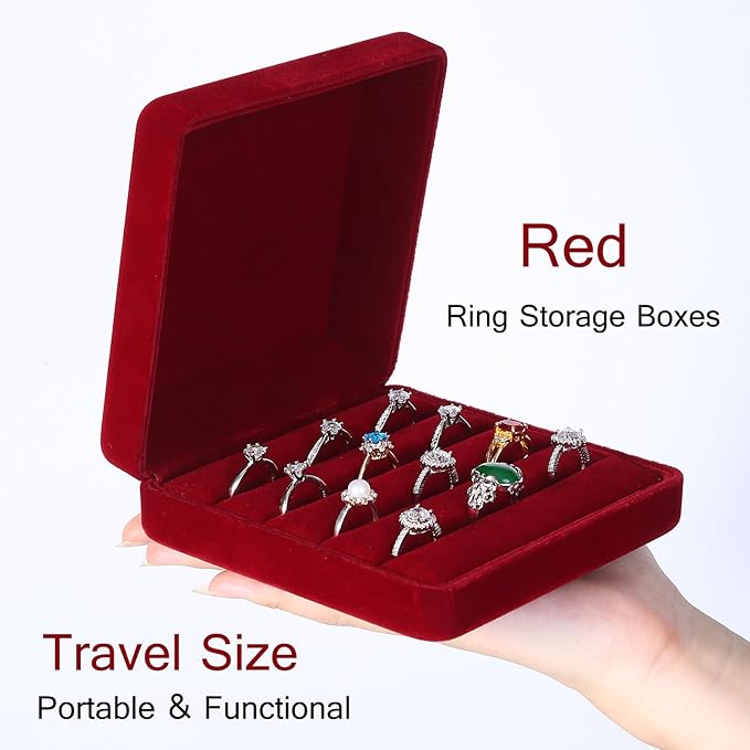 Ring Storage Boxes for Multiple Rings, Velvet Compact and Stylish Travel Jewelry case, Portable Small jewelry Organizer Box Tray Gift for Women, Girl(Red)