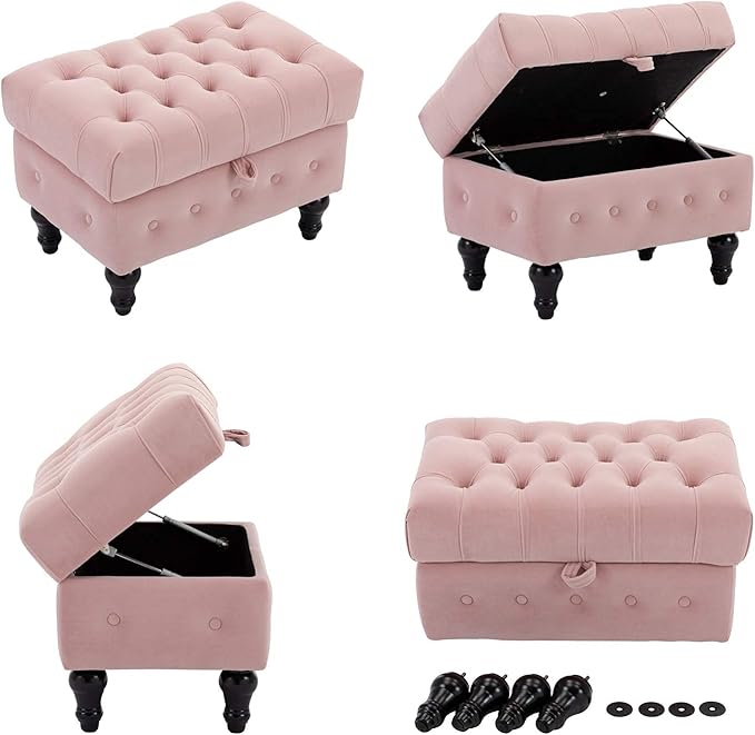 Artechworks Storage Coffee Table Ottoman, Button Tufted Velvet Upholstery Footstool Bed Ottoman for Living Room, Home Office, Space-Saving Storage Toy Box Stool, Pink