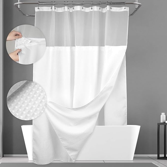 N&Y HOME Extra Long Waffle Weave Shower Curtain 96 Inch Length with Snap-in Fabric Liner & Metal Hooks Set - Hotel Style, Waterproof & Washable, Heavyweight Fabric & Mesh Top Window - 71x96, White
