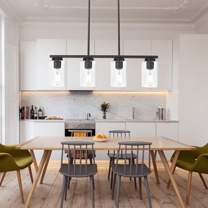 Farmhouse Dining Room Chandelier 4-Lights Kitchen Island Light, Clear Glass Pendant Lighting Fixtures in Oil Rubbed Bronze