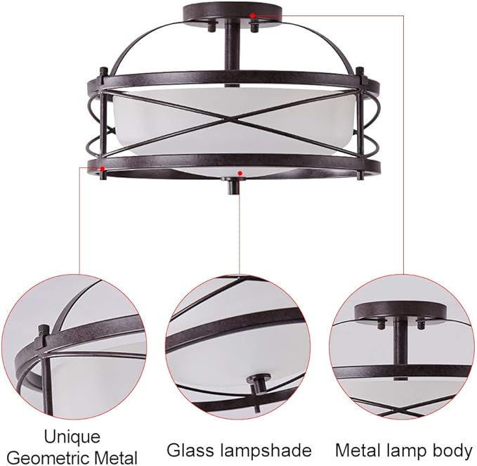 Entryway Drum Light Fixtures, Semi-Flush Mount Rustic Ceiling Light for Hallway Living Room Bedroom Kitchen, Old Bronze Finished (Brown)