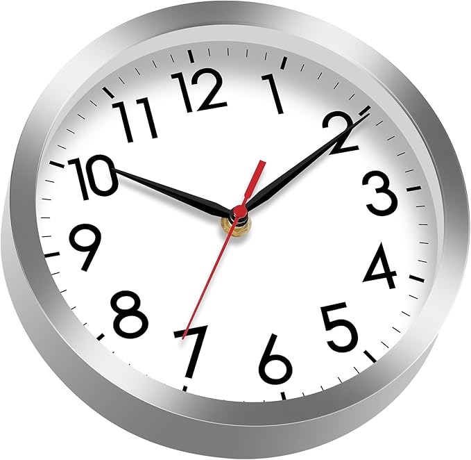 AKCISOT Wall Clock, Modern Small Wall Clocks Battery Operated 8 Inch, Silent Non-Ticking Analog Classic for Office, Home, Bathroom, Kitchen, Bedroom, School(Silver)
