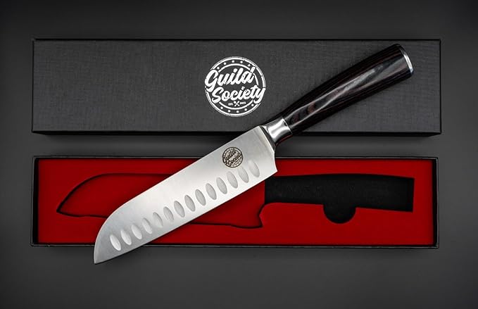 7 Inch Japanese Santoku Knife, Stainless Steel, Ergonomic Pakkawood Handle for Comfort - Sharp Chef Knife for Slicing, Chopping, and Mincing - Perfect for Vegetables, Meat, & Fish
