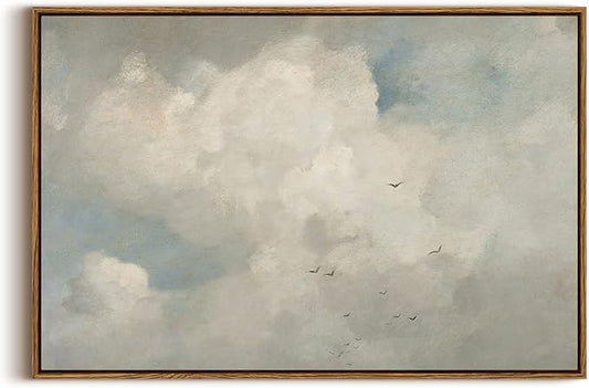 InSimSea Framed Canvas Wall Art Vintage Decor, Home Decor Classical Oil Paintings Sky Cloud Birds Prints, Vintage Landscape Large Wall Art for Living Room Bedroom Bathroom Office Decor, 20"x30"