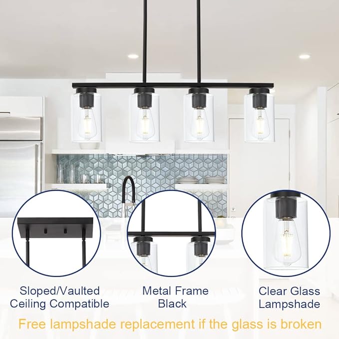 Black Pendant Light Fixtures with Clear Glass Shades, 4-Lights Linar Kitchen Island Light for Farmhouse Dining Room Kitchen Pool Table