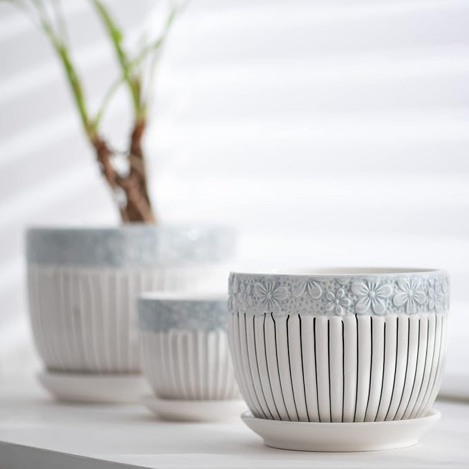 Ton Sin Grey Flower Pots,Texture Planter for Indoor Plants Set of 3 Ceramic Flower Pots with Saucer,Cute Garden Pots Succulent Pots（3 Pack,Grey