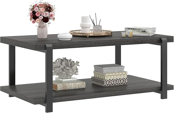 FOLUBAN Modern Coffee Table, Rustic Wood Center Table with Storage for Living Room, Dark Gray