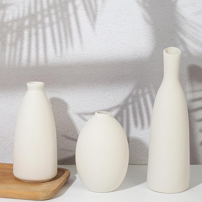 Ceramic Vase Set of 3, Small Flower Vase for Home Decor, Decorative Vases for Pampas Grass & Dried Flowers, Living Room, Bedroom, Bathroom, Shelf Centerpiece Table Decorations