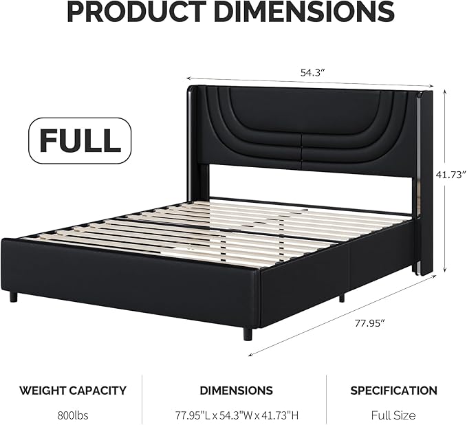 Full Size Bed Frame with LED Lights, Faux Leather Upholstered Platform with Silver Wingback Headboard, Modern Style, No Box Spring Needed, Easy Assembly, Black