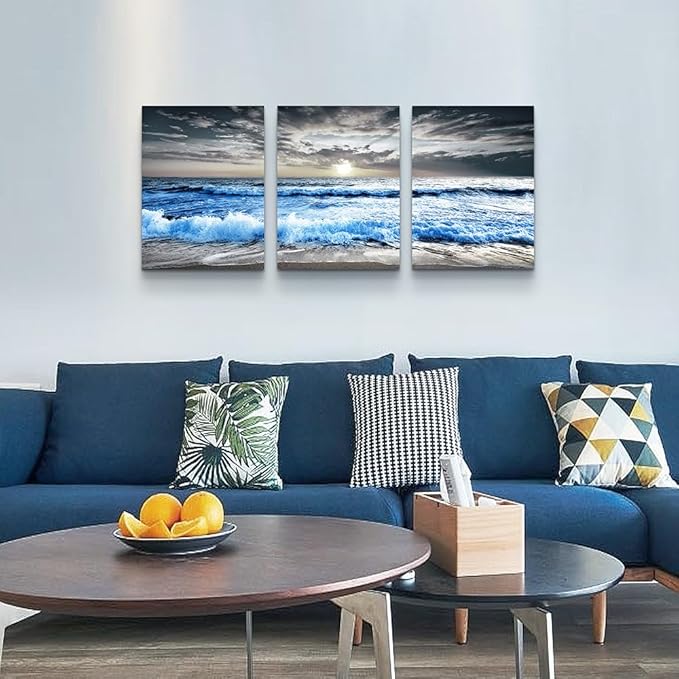 MHARTK66 3 Piece Canvas Wall Art - Blue Ocean Wave Seascape Pictures - Bedroom, Living Room, Office Wall Decor - Modern Home Decor